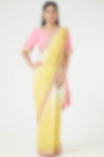 Yellow Platinum Chiffon Saree Set by Rana'S by Kshitija