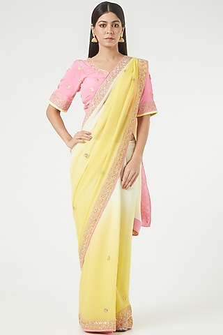 Yellow Platinum Chiffon Resham Embroidered Saree Set by Rana'S by Kshitija