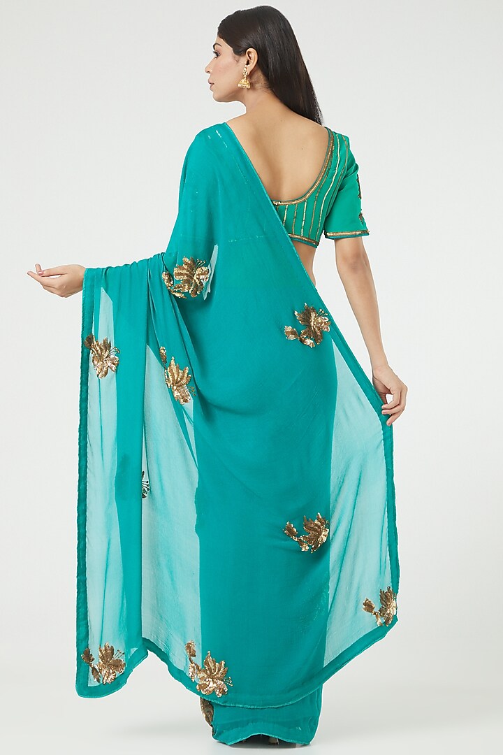 Teal Platinium Chiffon Motif Embroidered Party Wear Saree Set by Rana'S by Kshitija at Pernia's Pop Up Shop