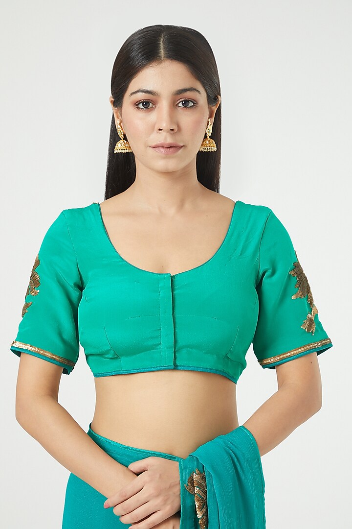Teal Platinium Chiffon Motif Embroidered Party Wear Saree Set by Rana'S by Kshitija at Pernia's Pop Up Shop