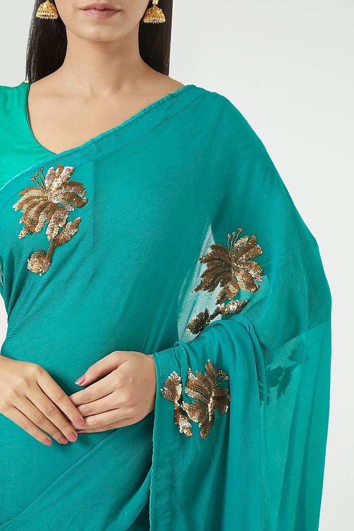 Teal Platinium Chiffon Motif Embroidered Party Wear Saree Set by Rana'S by Kshitija at Pernia's Pop Up Shop