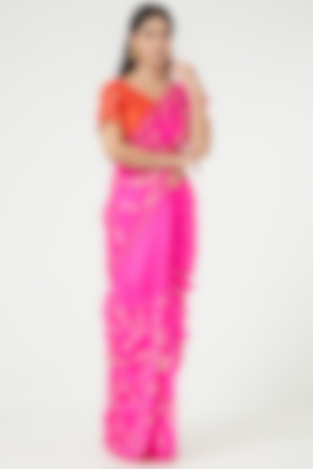 Hot Pink Embroidered Party Wear Saree Set by Rana'S by Kshitija at Pernia's Pop Up Shop