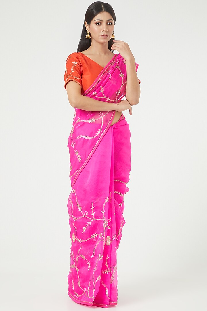 Hot Pink Embroidered Party Wear Saree Set by Rana'S by Kshitija at Pernia's Pop Up Shop
