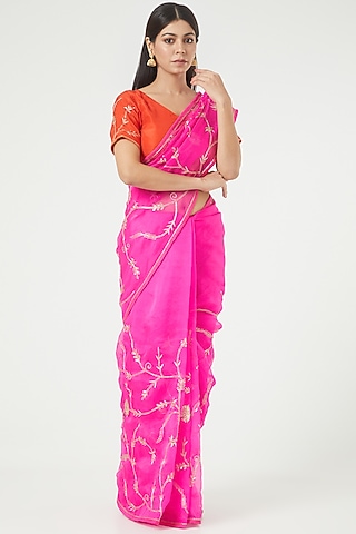 Hot Pink Embroidered Saree Set by Rana'S by Kshitija