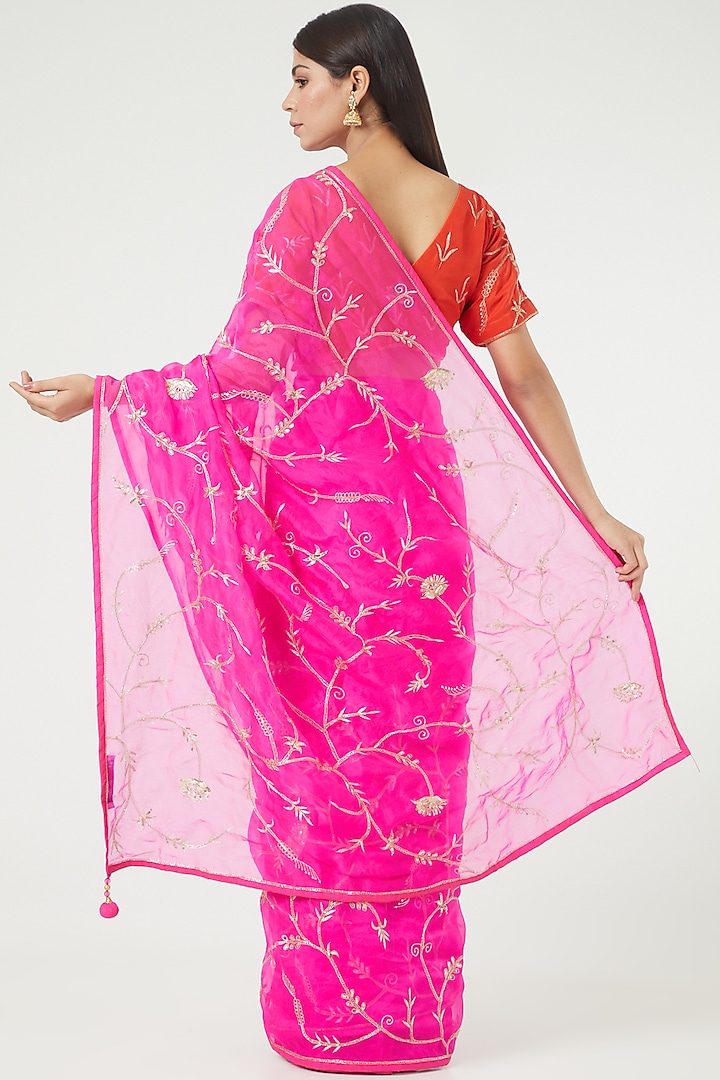 Hot Pink Embroidered Party Wear Saree Set by Rana'S by Kshitija at Pernia's Pop Up Shop