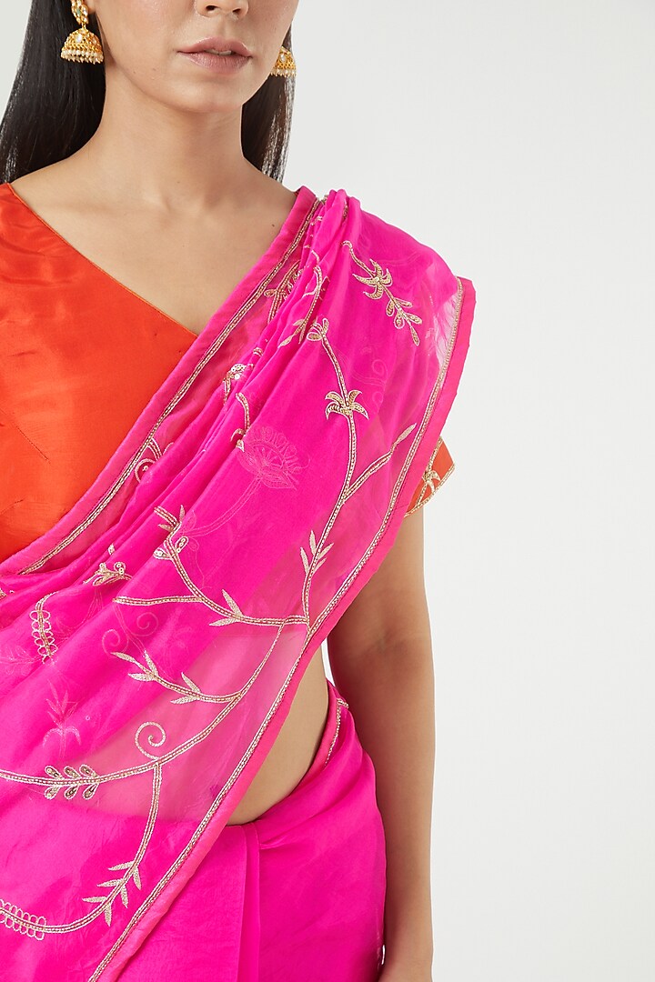 Hot Pink Embroidered Party Wear Saree Set by Rana'S by Kshitija at Pernia's Pop Up Shop