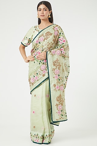 Light Green Embroidered Saree Set by Rana'S by Kshitija