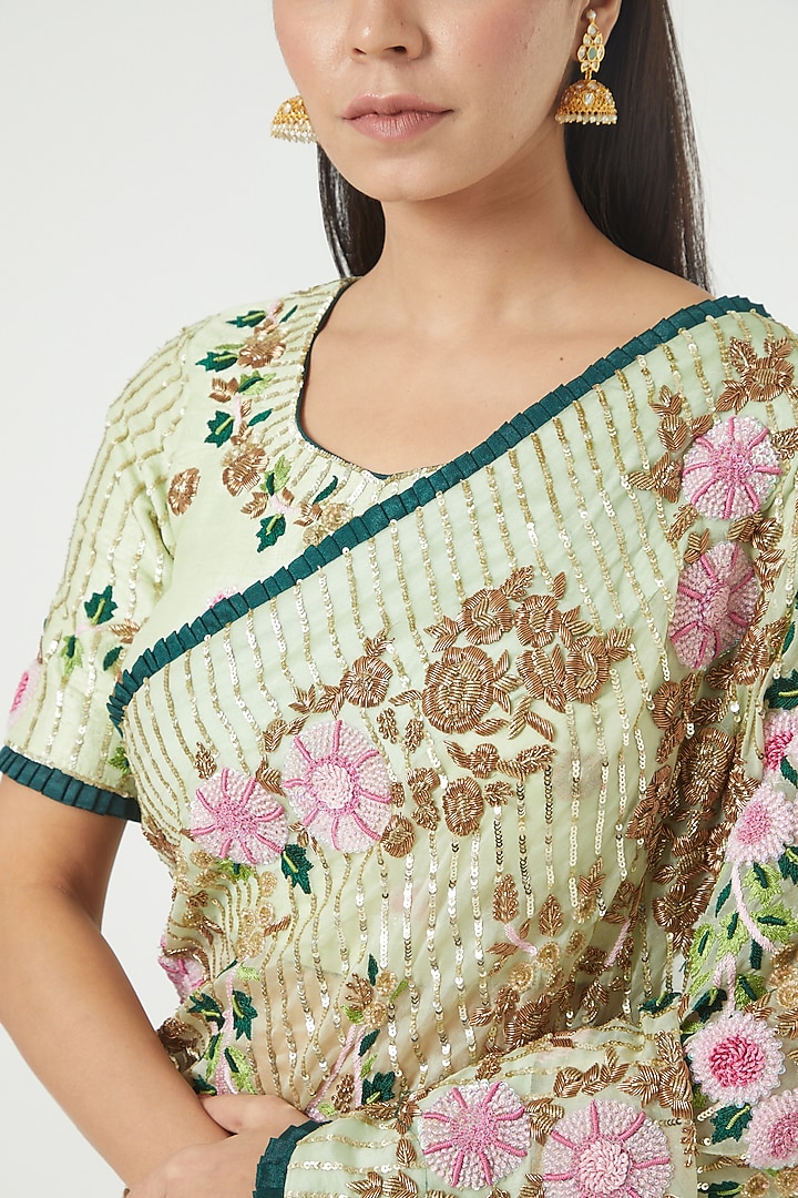 Light Green Embroidered Reception Saree Set by Rana'S by Kshitija at Pernia's Pop Up Shop