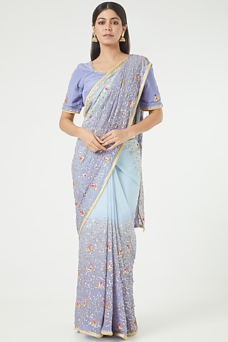 Lavender & Powder Blue Embroidered Saree Set by Rana'S by Kshitija