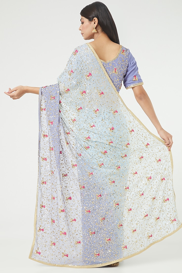 Lavender & Powder Blue Embroidered Party Wear Saree Set by Rana'S by Kshitija at Pernia's Pop Up Shop