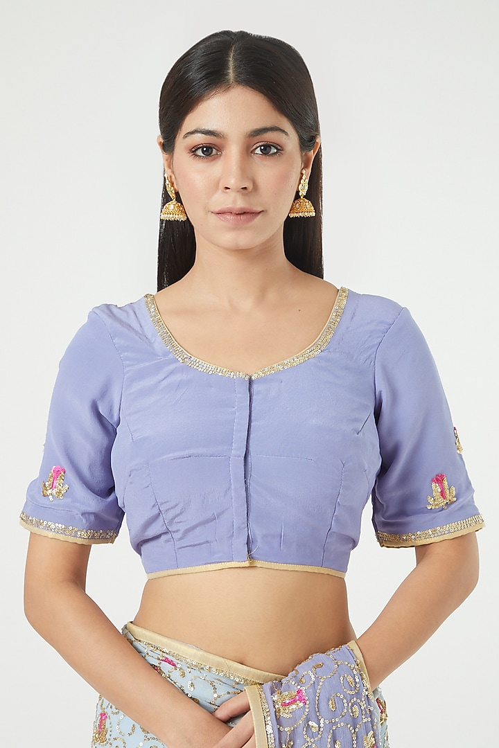 Lavender & Powder Blue Embroidered Party Wear Saree Set by Rana'S by Kshitija at Pernia's Pop Up Shop