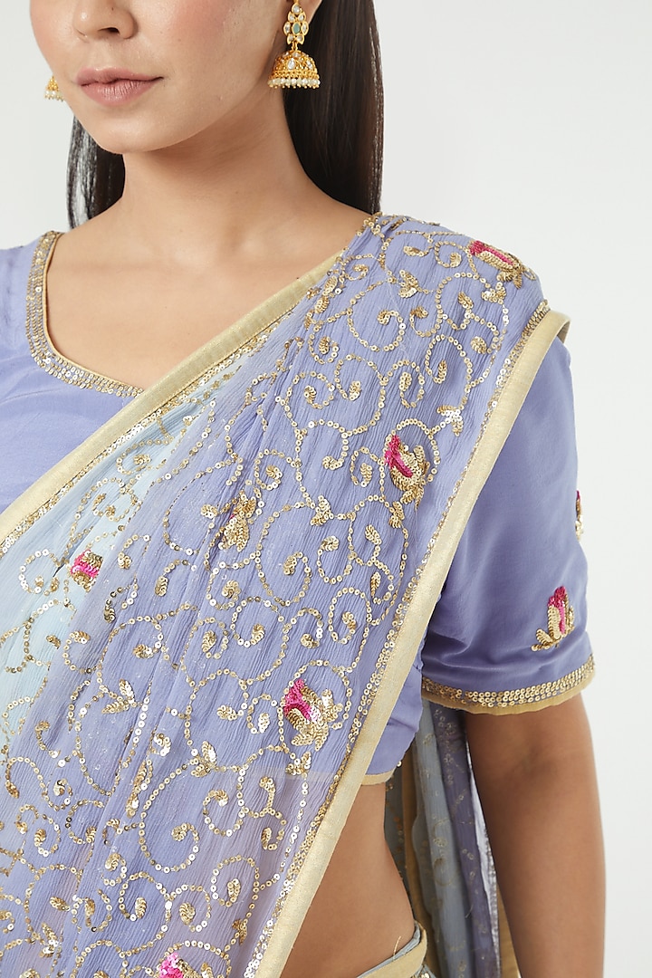 Lavender & Powder Blue Embroidered Party Wear Saree Set by Rana'S by Kshitija at Pernia's Pop Up Shop