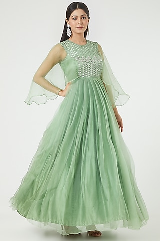 Olive Green Embroidered Gown by Rana'S by Kshitija