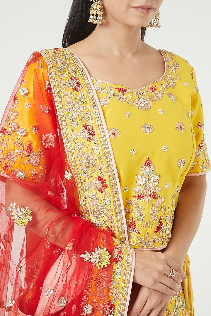Yellow Embroidered Wedding Lehenga Set by Rana'S by Kshitija at Pernia's Pop Up Shop