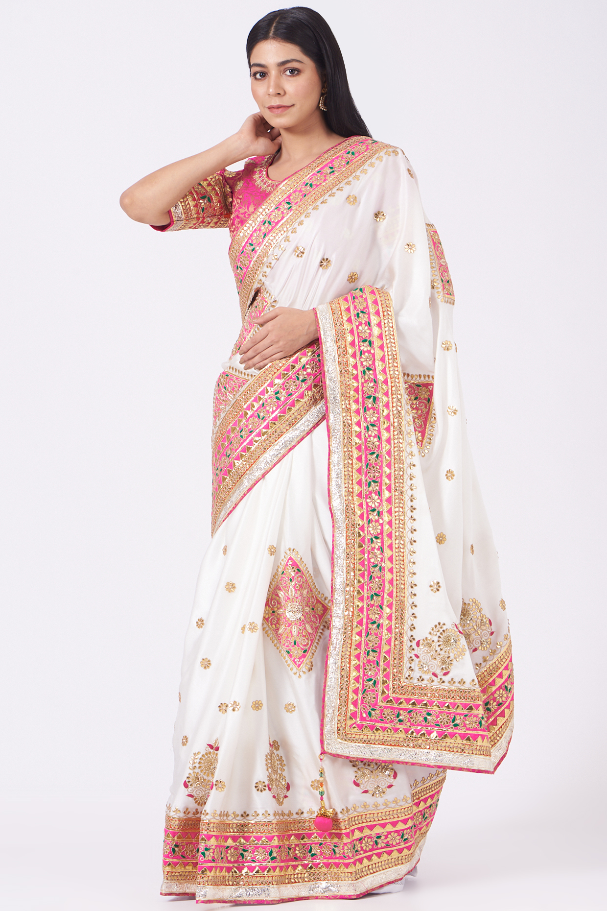 White Embroidered Saree Set With by Rana'S by Kshitija