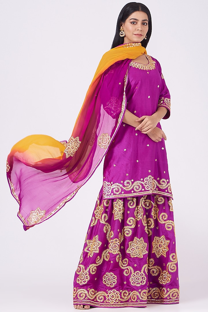 Purple Pure Natural Silk Jaal Gharara Set by Rana'S by Kshitija
