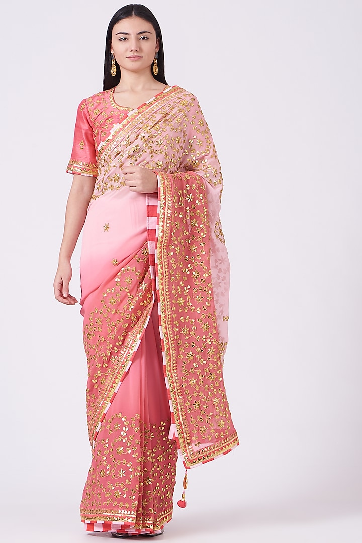 Pink Ombre Hand Embroidered Saree Set by Rana'S by Kshitija