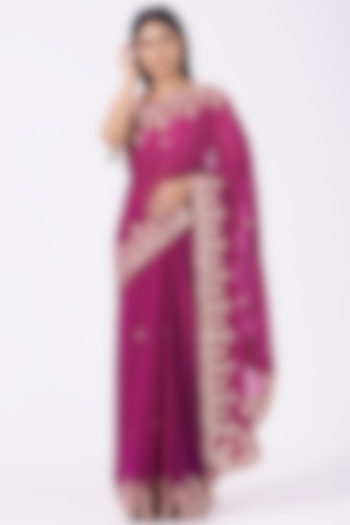 Magenta Pure Natural Georgette Hand Embroidered Saree Set by Rana'S by Kshitija