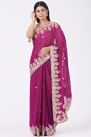 Magenta Pure Natural Georgette Hand Embroidered Saree Set by Rana'S by Kshitija