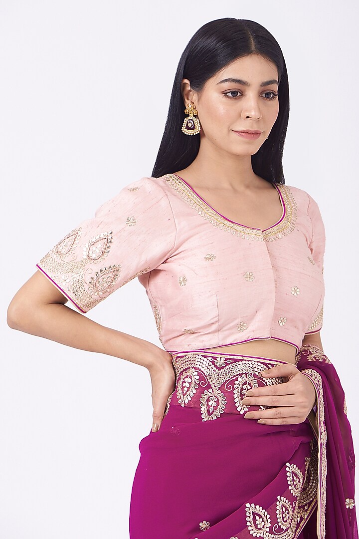 Magenta Pure Natural Georgette Hand Embroidered Wedding Saree Set by Rana'S by Kshitija at Pernia's Pop Up Shop