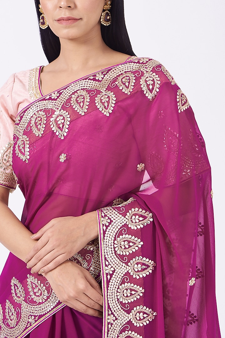Magenta Pure Natural Georgette Hand Embroidered Wedding Saree Set by Rana'S by Kshitija at Pernia's Pop Up Shop