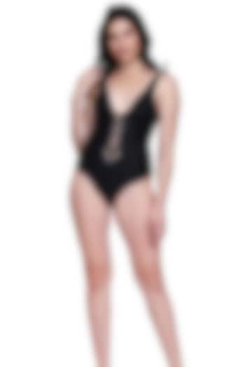 Black Seamless Swimsuit With Handwoven Knots by SALT SKIN at Pernia's Pop Up Shop