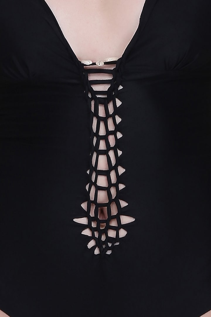 Black Seamless Swimsuit With Handwoven Knots by SALT SKIN at Pernia's Pop Up Shop