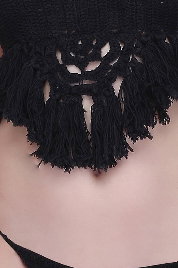 Black Handmade Crochet Tassels Bikini Set by SALT SKIN at Pernia's Pop Up Shop