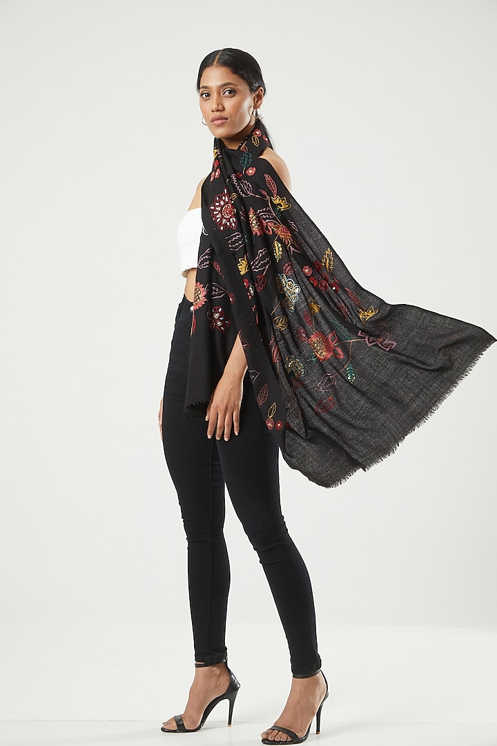 Black Floral Hand Embroidered Stole by Kstory