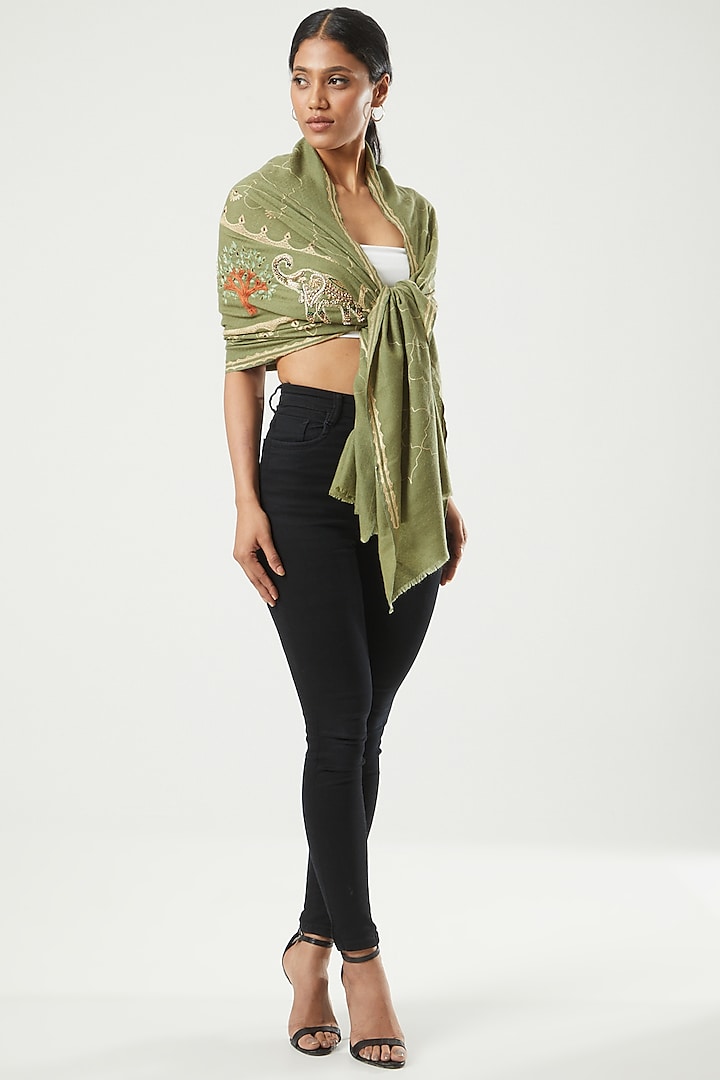 Olive Green Hand Embroidered Stole by Kstory