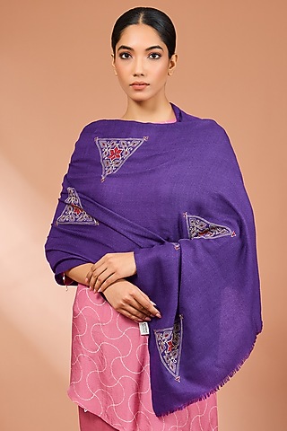 Purple Merino Wool Motif Embroidered Scarf by Kstory