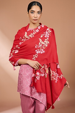 Red Merino Wool Floral Handwork Scarf by Kstory
