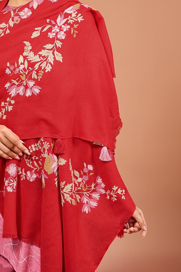 Red Merino Wool Floral Handwork Scarf by Kstory at Pernia's Pop Up Shop