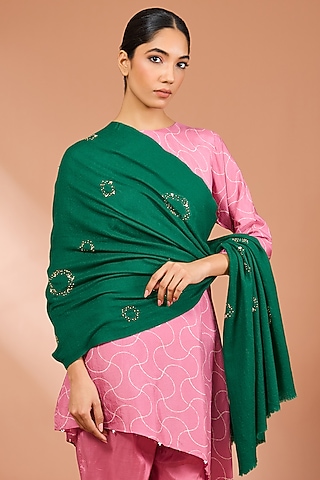 Green Merino Wool Kundan Motif Handwork Scarf by Kstory