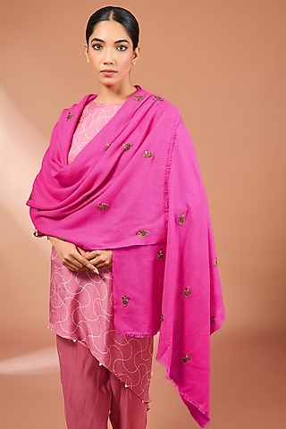 Pink Merino Wool Sequins Hand Embroidered Scarf by Kstory
