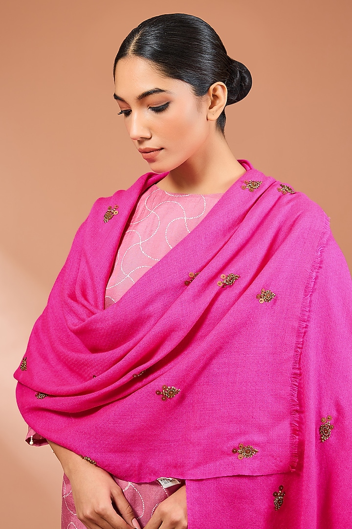 Pink Merino Wool Sequins Hand Embroidered Scarf by Kstory at Pernia's Pop Up Shop