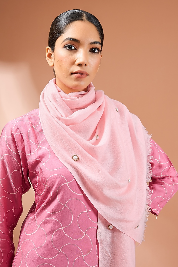 Pink Merino Wool Pearl Dotted Motif Work Scarf by Kstory at Pernia's Pop Up Shop