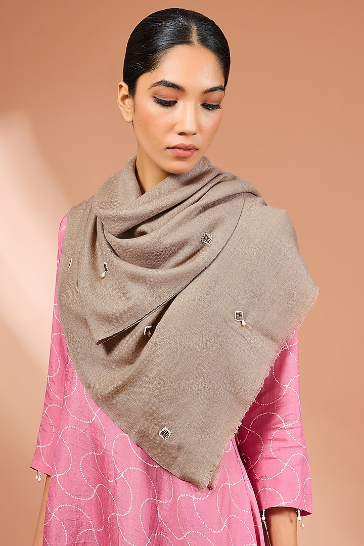 Beige Merino Wool Pearl Hand Embroidered Pashmina Stole by Kstory at Pernia's Pop Up Shop