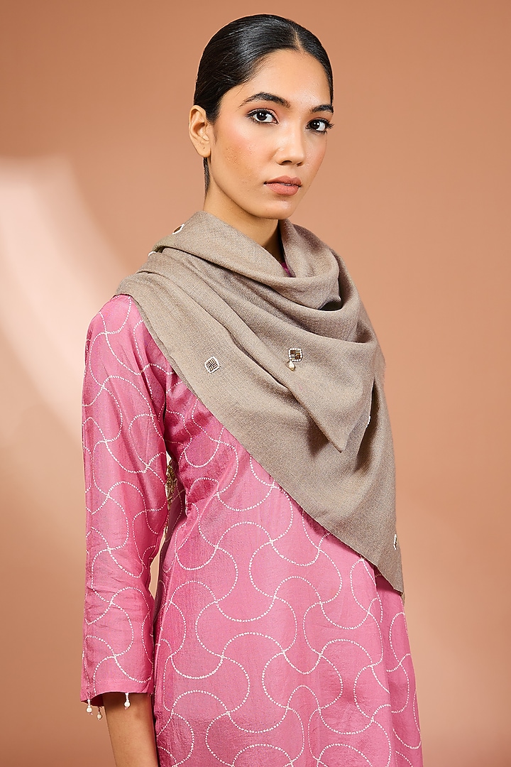 Beige Merino Wool Pearl Hand Embroidered Pashmina Stole by Kstory at Pernia's Pop Up Shop