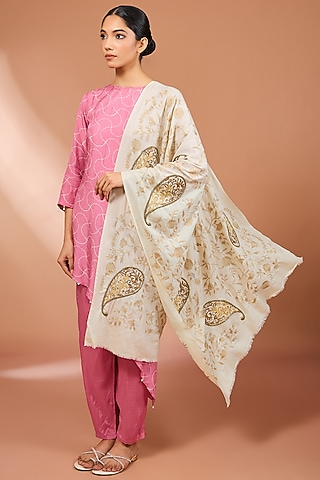 White Cashmere Paisley Needlework Scarf by Kstory