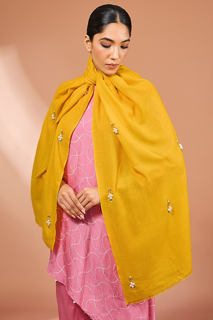 Yellow Merino Wool Pearl Floral Handwork Scarf by Kstory at Pernia's Pop Up Shop