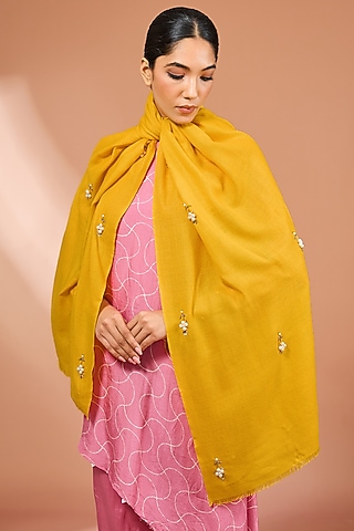 Yellow Merino Wool Pearl Floral Handwork Scarf by Kstory