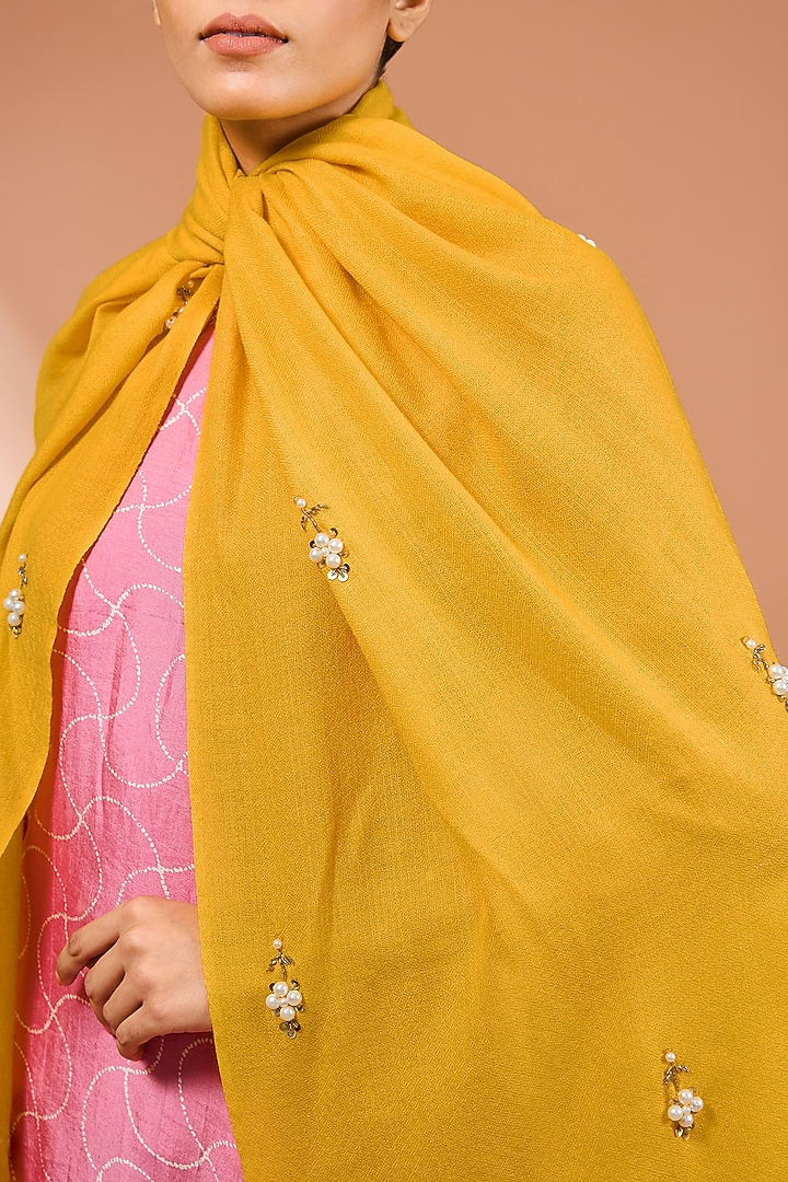 Yellow Merino Wool Pearl Floral Handwork Scarf by Kstory at Pernia's Pop Up Shop