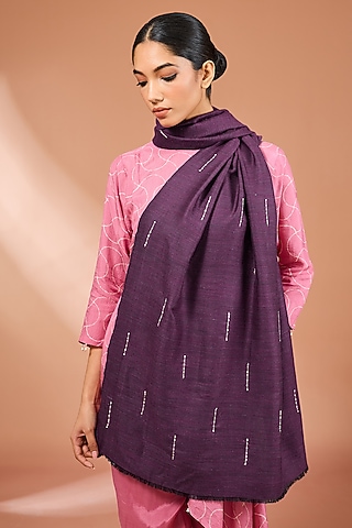Wine & Blue Cashmere Sequins Work Reversible Scarf by Kstory