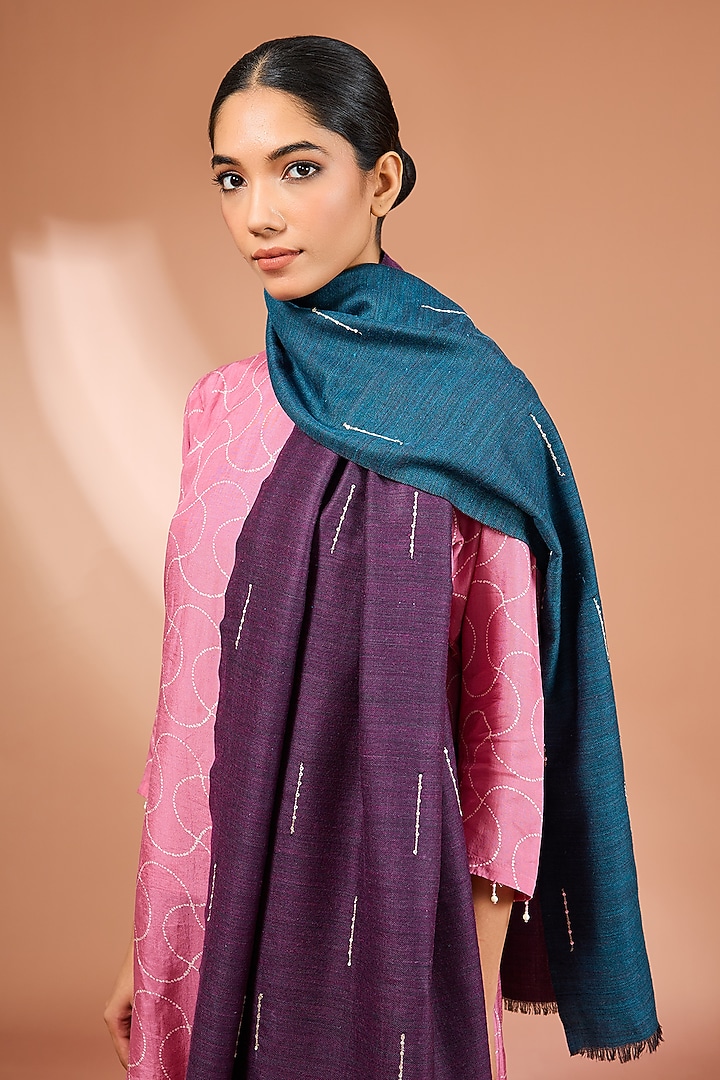 Wine & Blue Cashmere Sequins Work Reversible Scarf by Kstory at Pernia's Pop Up Shop