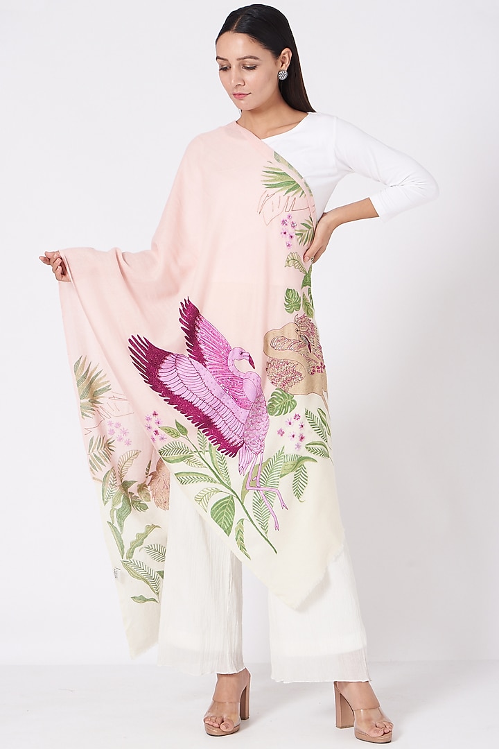 Pink & Cream Hand Embroidered Stole by Kstory at Pernia's Pop Up Shop