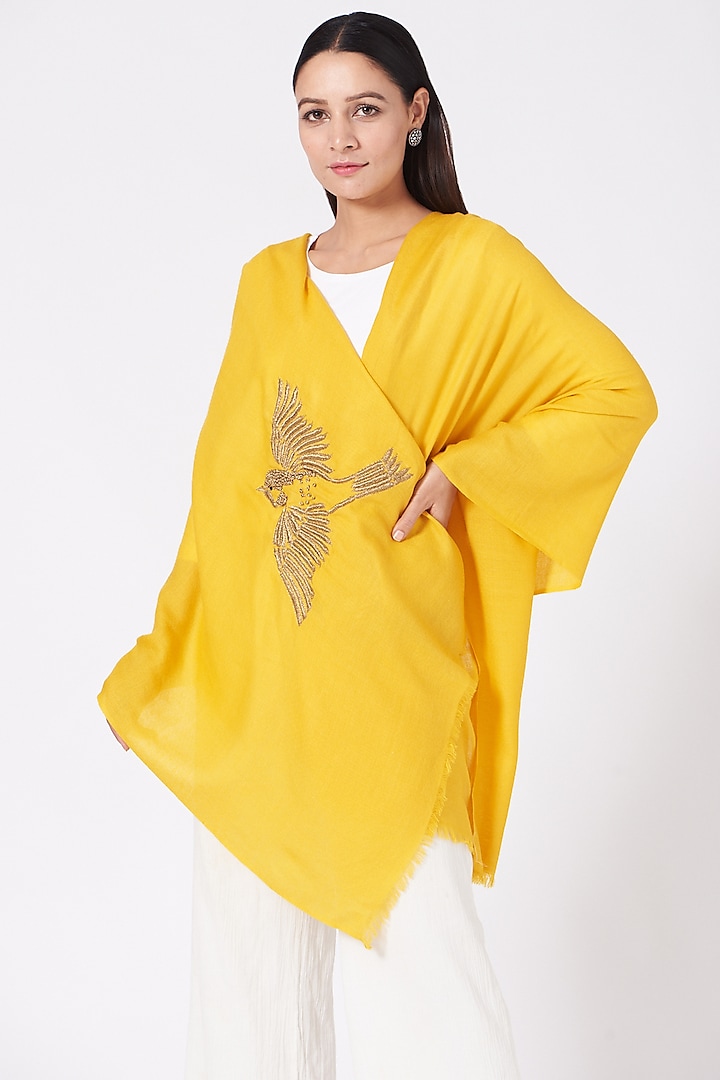 Mustard Yellow Hand Embroidered Stole by Kstory