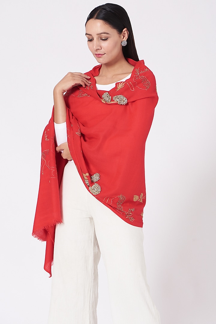 Red Hand Embroidered Stole by Kstory at Pernia's Pop Up Shop