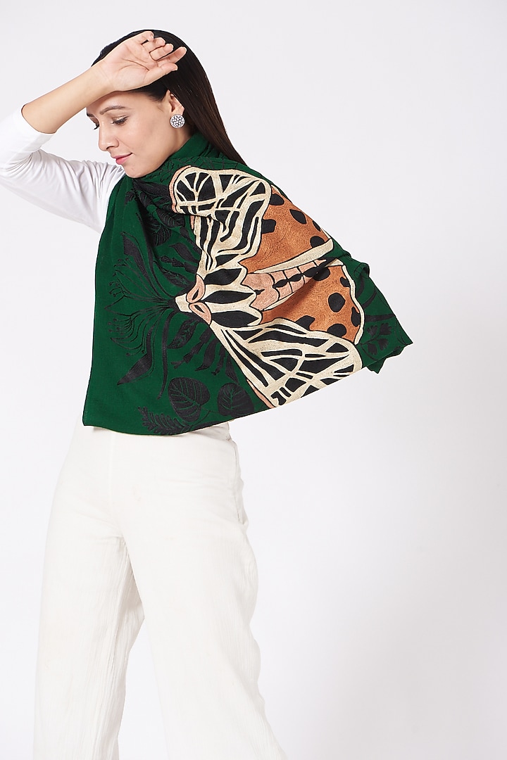 Green Hand Embroidered Stole by Kstory at Pernia's Pop Up Shop