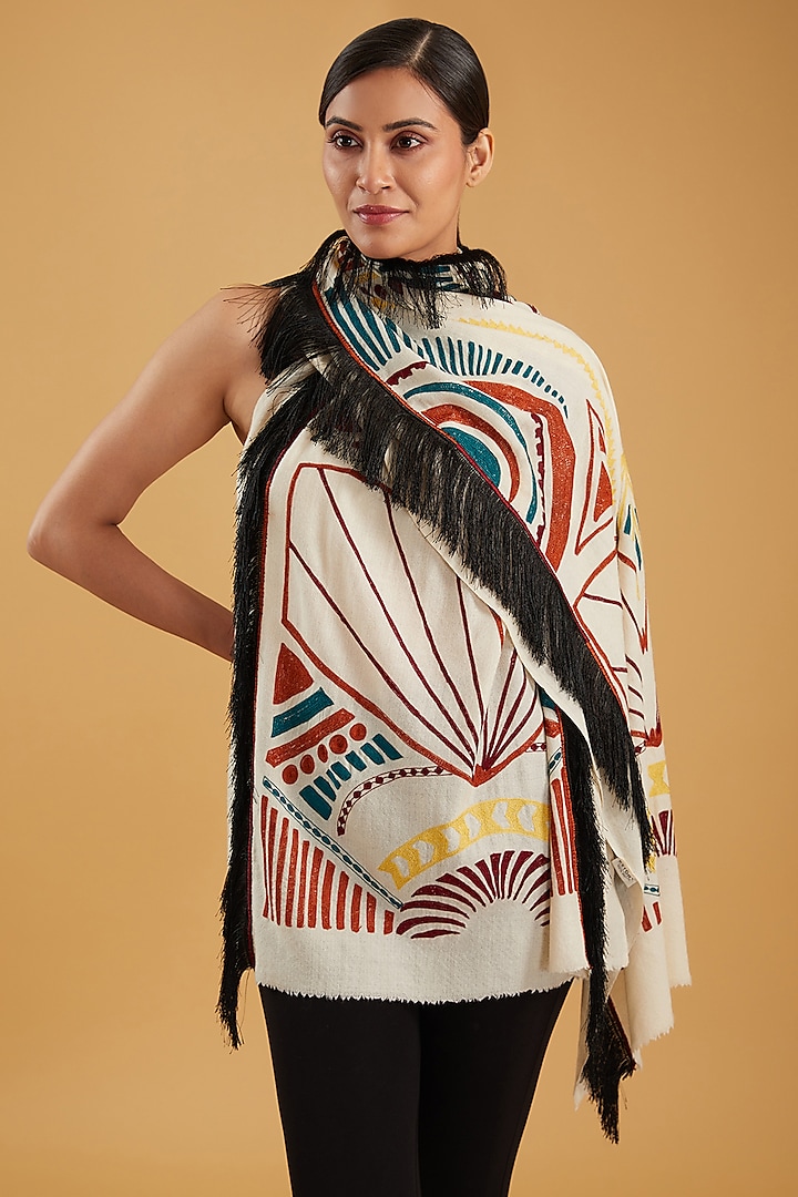 Cream Merino Wool Hand Embroidered Stole by KSTORY
